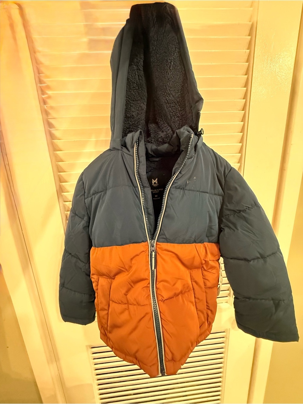 Kids Two-Tone Puffer Jacket with Hood - Blue & Orange